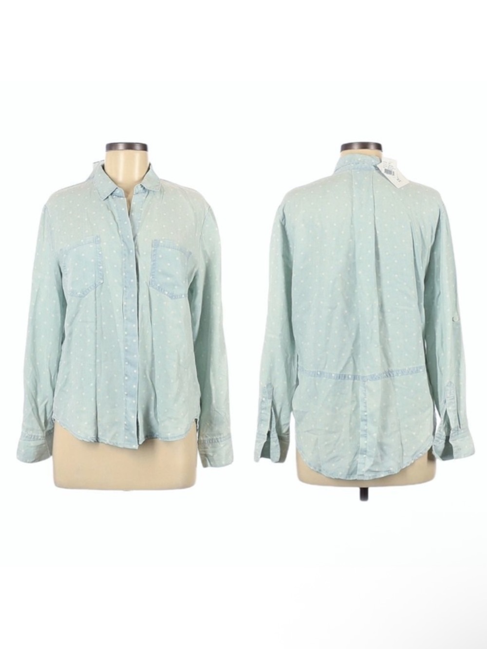 NWT RED SAKS FIFTH AVENUE Chambray Tencel Polka Dot Button Up Shirt M